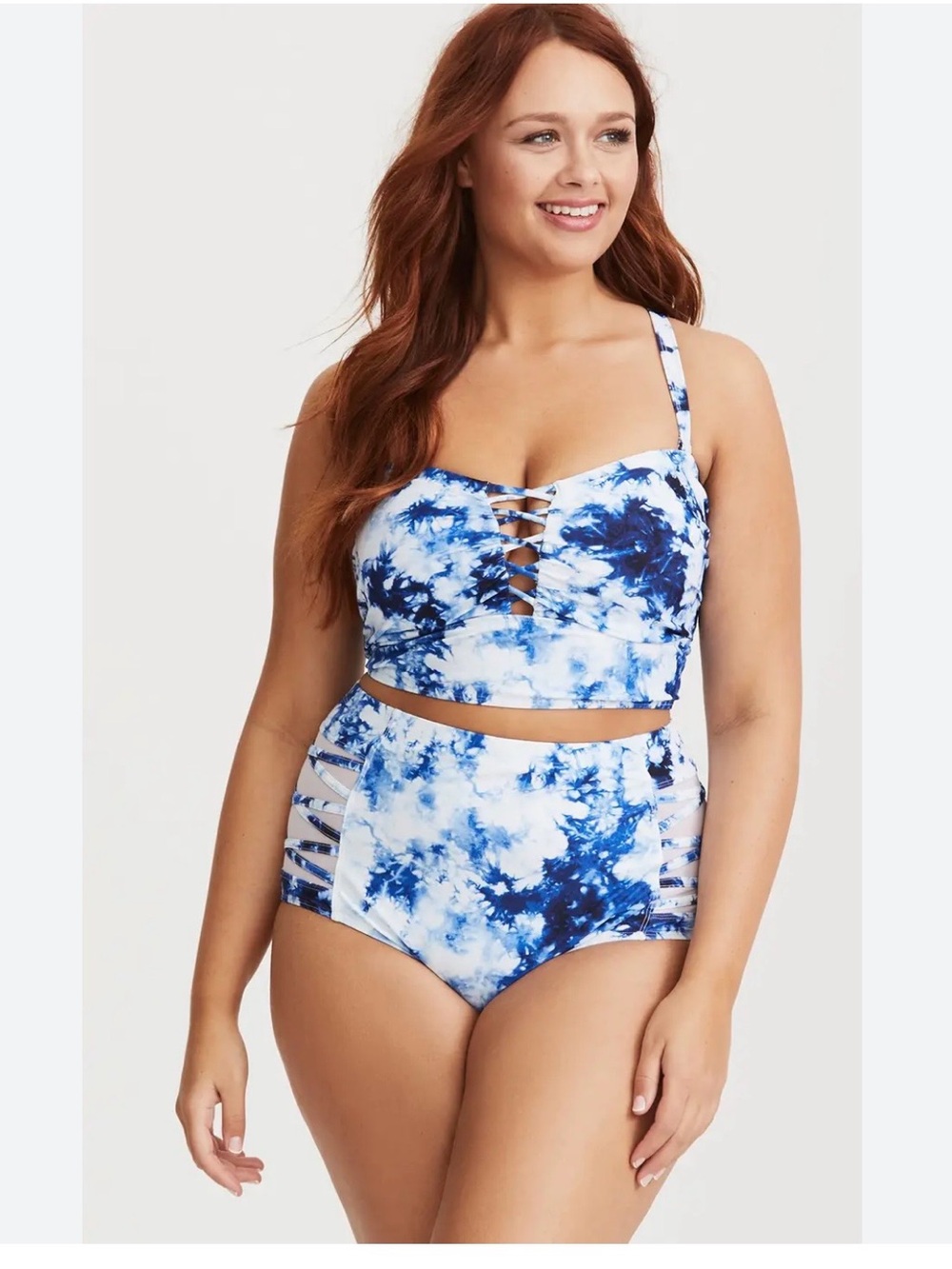 TORRID Swim Blue and White Tie-Dye High-Waist Bikini Set with Lattice Front Sz 3